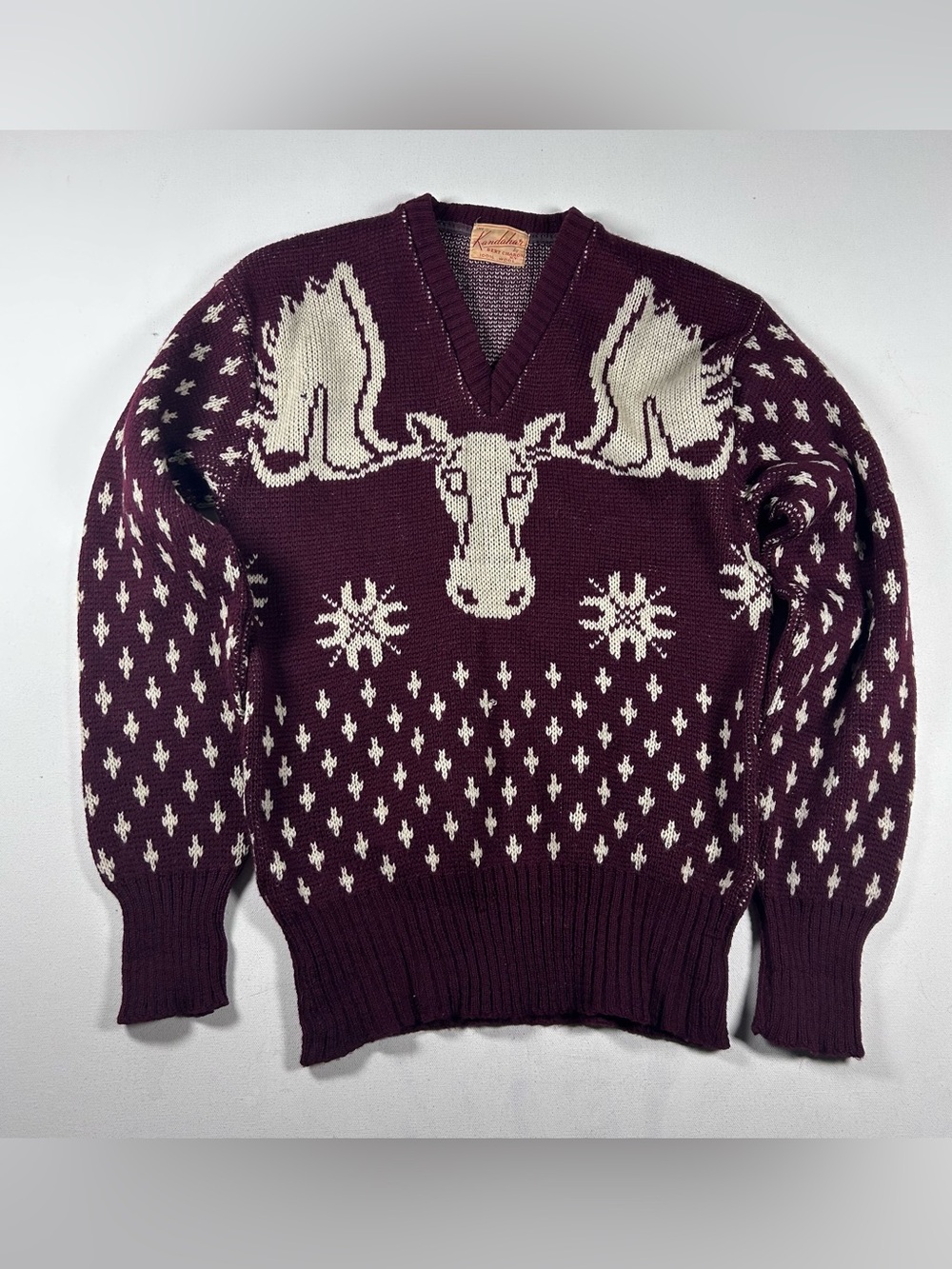 Vintage 50s Kandahar By Bert Charon Wool Knit Sweater Mens S Moose Snowflakes